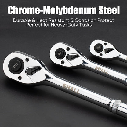 SHALL 90-Tooth 1/2-Inch Drive Ratchet Wrench, Quick-Release & Reversible, Full Polished Ratchet Wrench Made of Chrome Alloy, Gifts for Men Women Dad Mom