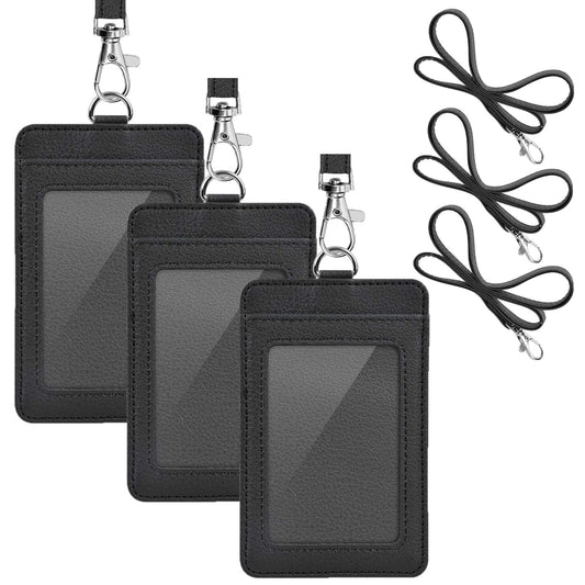 3 Pack PU Leather ID Badge Holder, Life-Mate ID Badge Holder with 1 Clear ID Window 1 Credit Card Slot and PU Leather Lanyard for Badge Credit Cards College ID Cards in Black