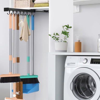 PrimZooty Pull Out Broom Holder With Adjustable Double Row Sliding Hook, Multifunctional Slide Broom And Mop Storage/Organizer Garage Organization Hooks, for Closet Laundry - 41cm/16.14inch