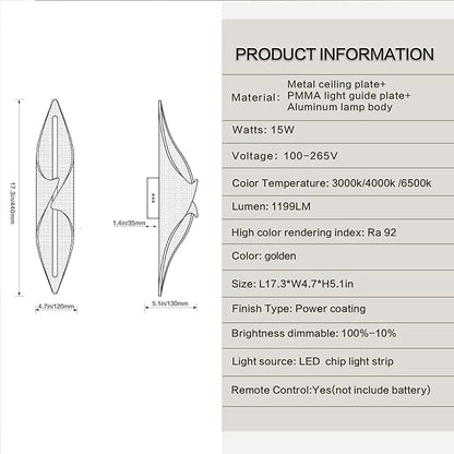 Modern Gold Wall Sconce 17.3In LED Wall Lamp with Remote Control Dimmable Acrylic Sconces Wall Lighting for Living Room Hallway Bathroom Bedroom Stairs