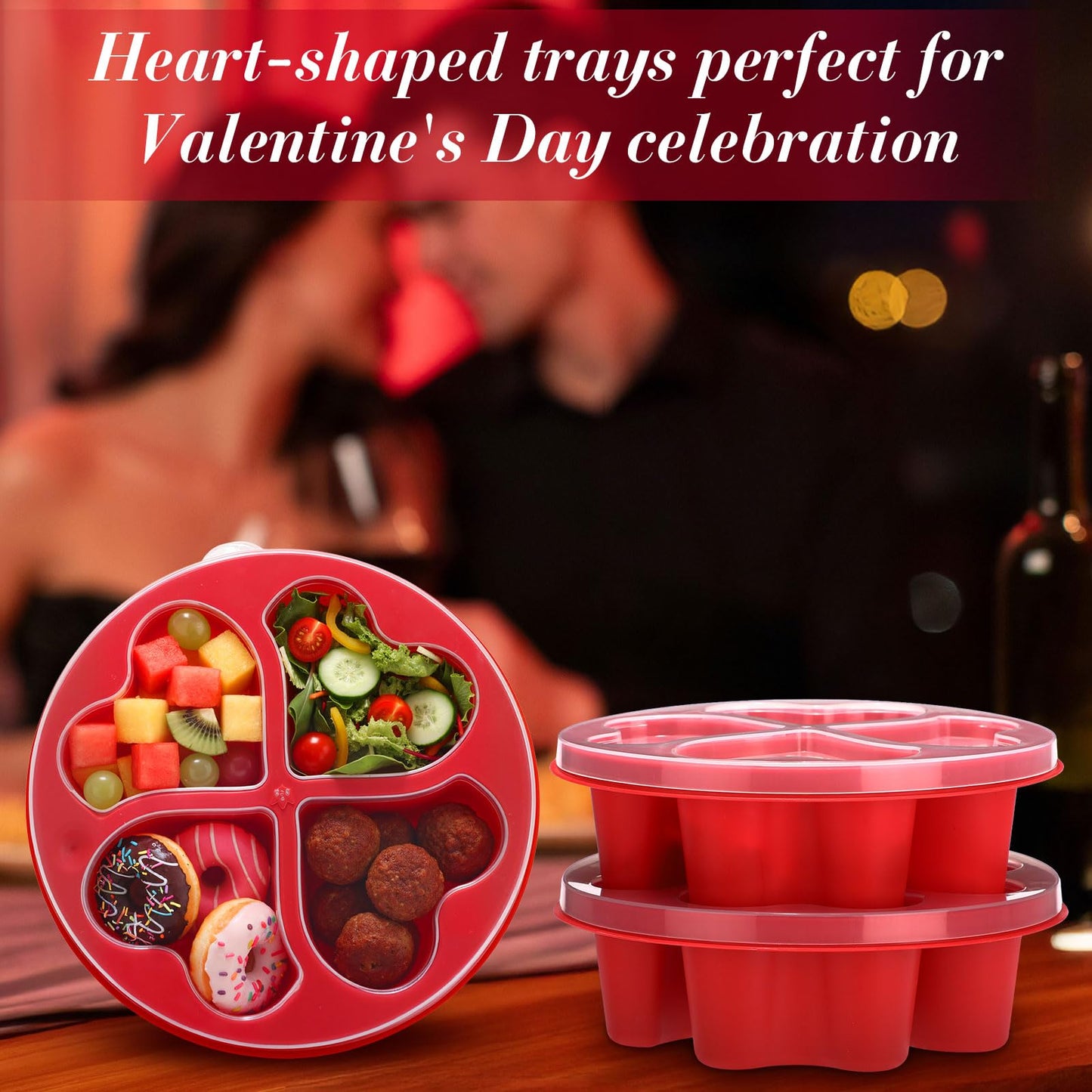 FoldTier 6 Pcs 6.8 Inch Valentine's Day Mini Snack Box Divided Dessert Serving Tray Heart Red 4-compartment Snack Container Box with Lids for Christmas Mother's Day Lunch Meal