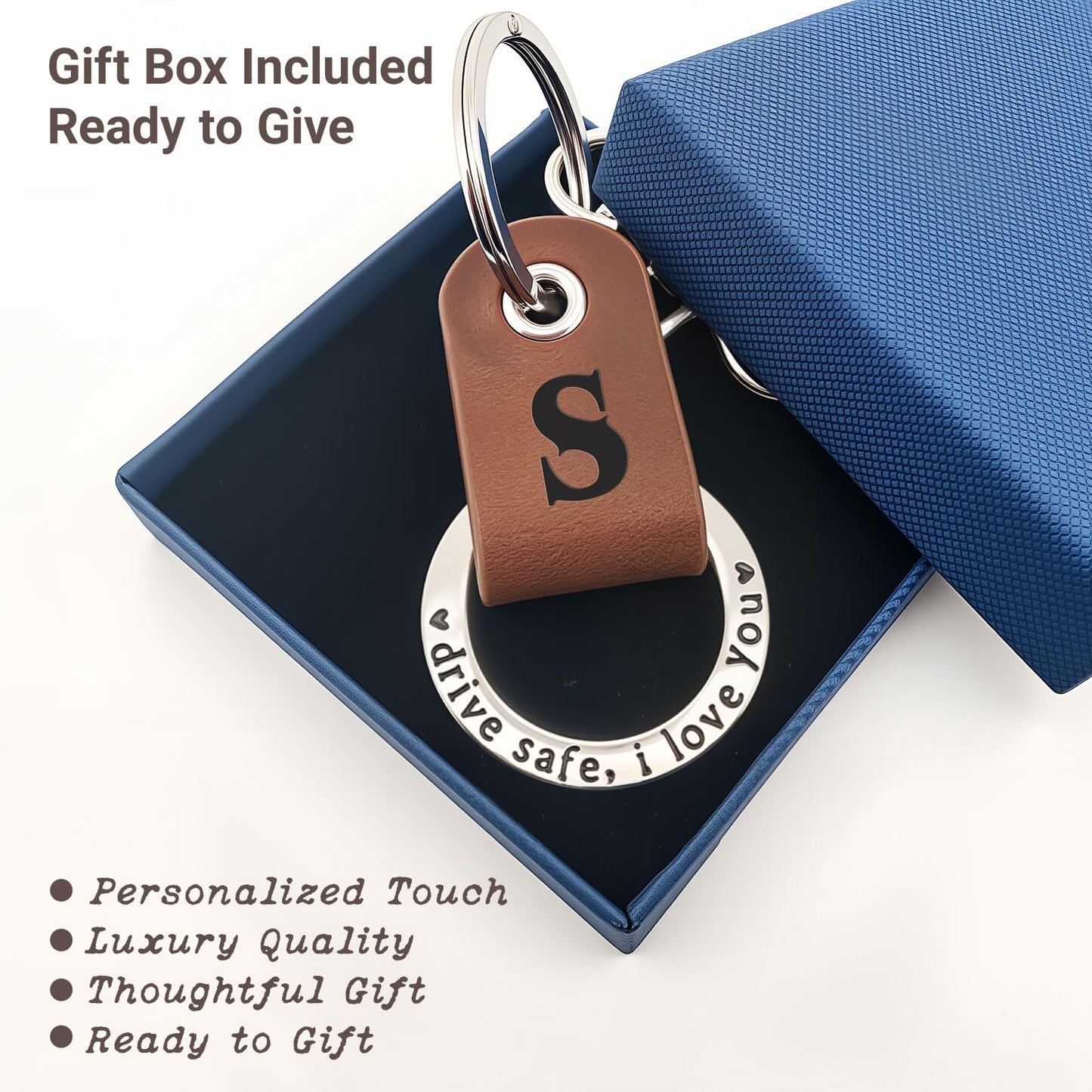 Japrex Embossed Leather Keychain, Personalized Keychain For Him, Engrave with Name Initial, Birthday Gift for Him, Dad, Boyfriend, New Driver Gifts, Couple Keychains (Initial S)