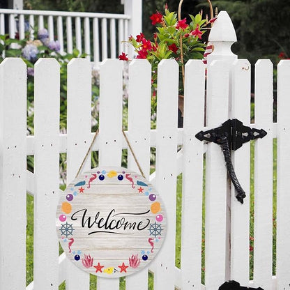 Welcome Front Door Sign Decor Nautical Marine Shell Pattern 12in Wooden Sign Suitable for Home/Wall/Porch Decoration