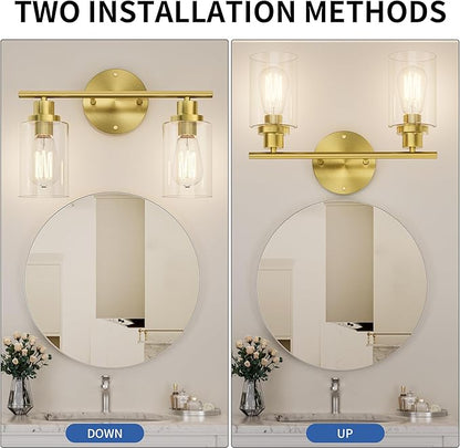 GORDNWE 2-Light Bathroom Wall Sconce, Gold Vanity Light, Modern Wall Light Fixture with Clear Glass, J0019