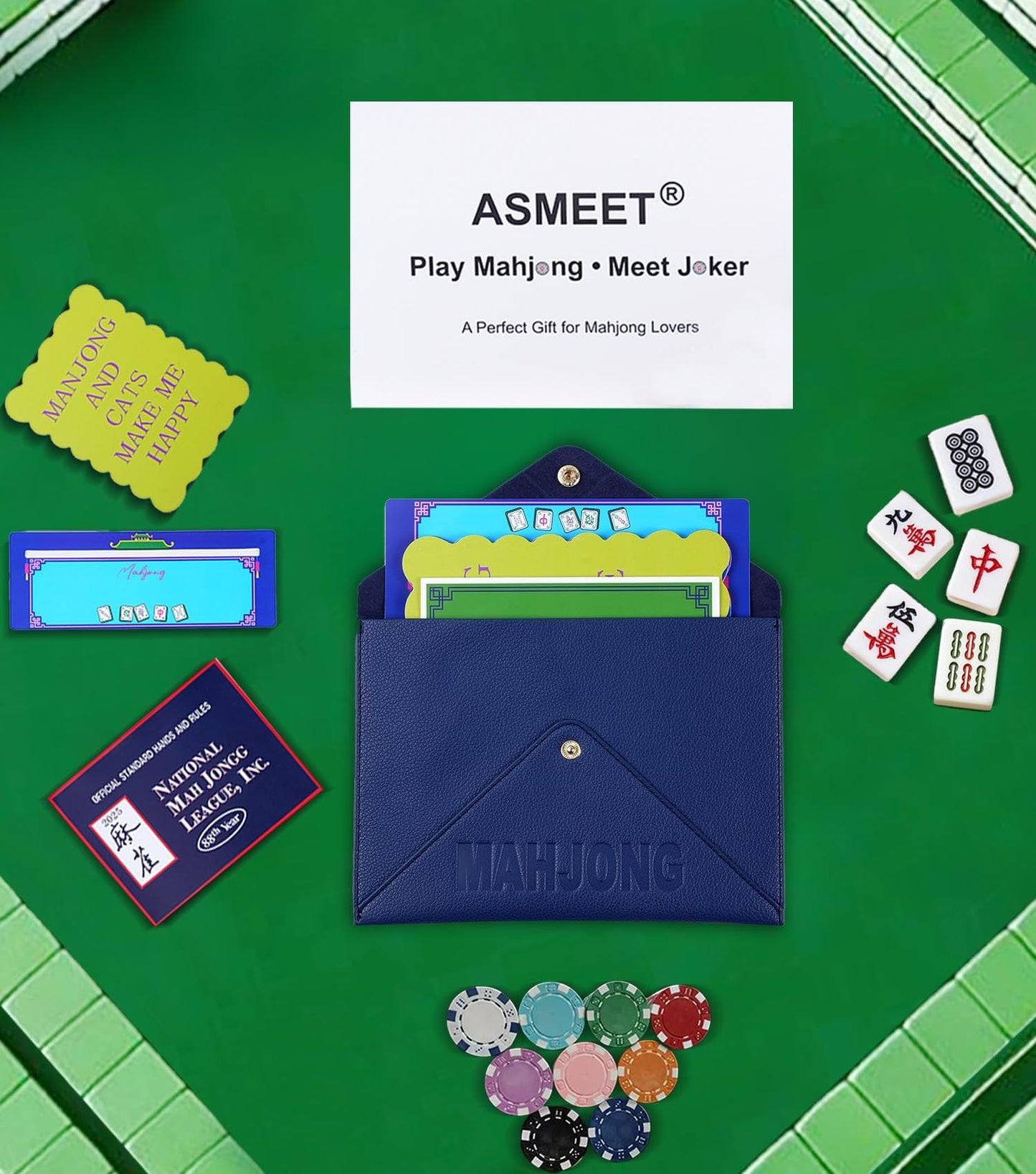 Vegan Leather Mahjong Card Sleeve Holder, Fits Most Mahjong Cards, Line Readers & Shuffler Cards, Gift Box Included, Perfect Mah jong Gift & Accessories for Men Women (Navy Blue, 8.6 * 6.3 in)