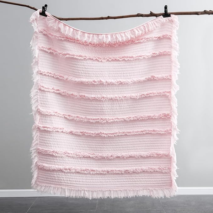Ultra Soft Pre-Washed Quilted Boho Pink Twin Size Blankets for Bed, Ruffle Fringed Decorative Throw, Stone Washed Chic Rustic Blanket for Sofa Couch Bed, 60"*80"