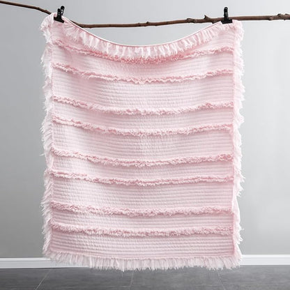 Ultra Soft Pre-Washed Quilted Boho Pink Twin Size Blankets for Bed, Ruffle Fringed Decorative Throw, Stone Washed Chic Rustic Blanket for Sofa Couch Bed, 60"*80"