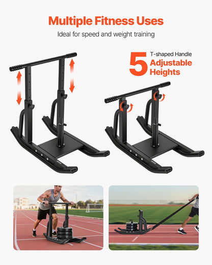 VEVOR Weight Sled, Fitness Training Training Pull Push Running Sled, Fitness Workout Sled Push Gym Equipment, Adjustable Height Handle, Compatible 1/2 in Weight Plates, Black, Football Sleds Chutes