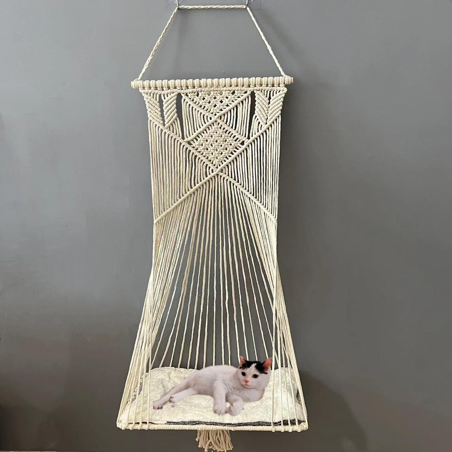 Sdjazl Macrame Hanging Cat Hammock Bed Cat Swing House Space Saving Window Perch with Washed Cotton Cats Toy Tassel Basket Tapestry (Beige, Swing Bed+Cushion)