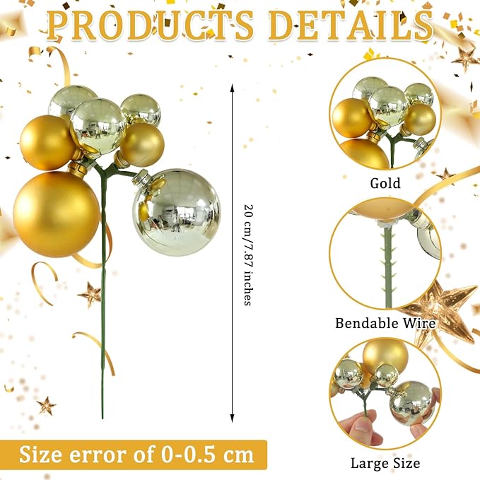 8 Pcs Champagne Gold Christmas Tree Picks 7.87 Inch Matte Glossy Satin Gold Christmas Ball Ornaments for Xmas Tree Topper DIY Wreaths Holiday Floral Vase Fillers Craft and Home Decoration
