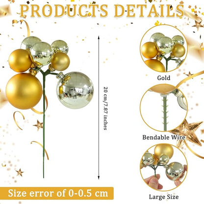 8 Pcs Champagne Gold Christmas Tree Picks 7.87 Inch Matte Glossy Satin Gold Christmas Ball Ornaments for Xmas Tree Topper DIY Wreaths Holiday Floral Vase Fillers Craft and Home Decoration