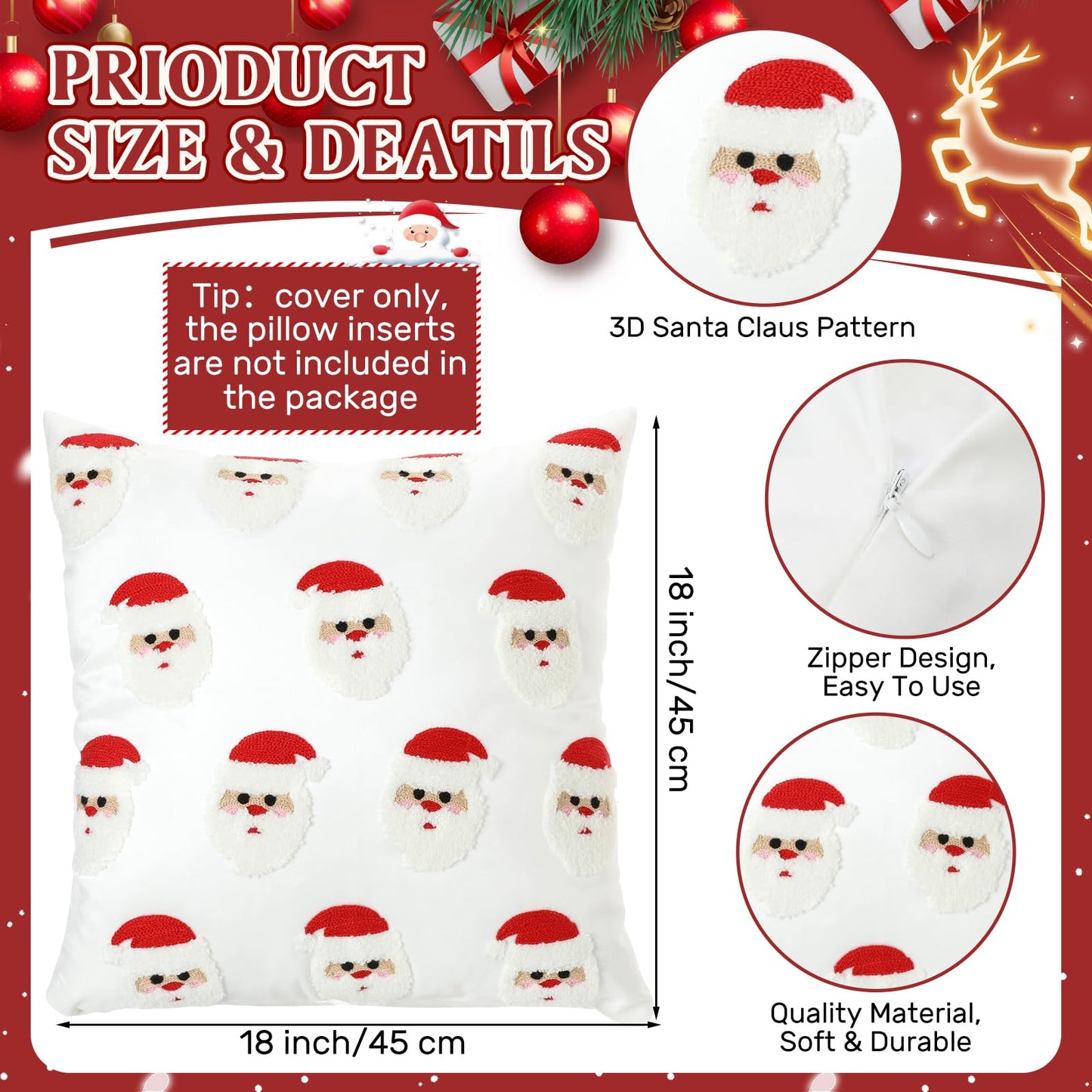 Hahafelt 2 Pcs Christmas Tufted Throw Pillow Covers 18 x 18 Inch Cute Santa Claus Soft Dutch Velvet Pillowcase Xmas Red White Square 3D Embroidery Cushion Cover Winter Holiday Decor for Sofa Couch Bed