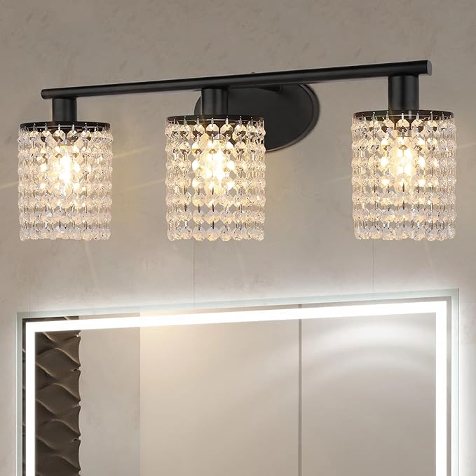 TISLYCO Black Bathroom Light Fixture, 3 Light Bathroom Vanity Light, Bathroom Light Fixtures Over Mirror, Crystal Drop Wall Mounted Lamp for Living Room Bedroom