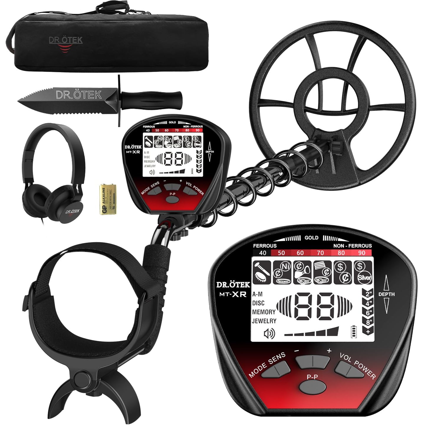 DR.ÖTEK Metal Detector for Adults Waterproof, Professional Gold Detector Kit with High Accuracy, 10" IP68 Coil, Backlight LCD Display, 5 Modes, Advanced DSP Chip for Treasure Hunting, MTXR-Red