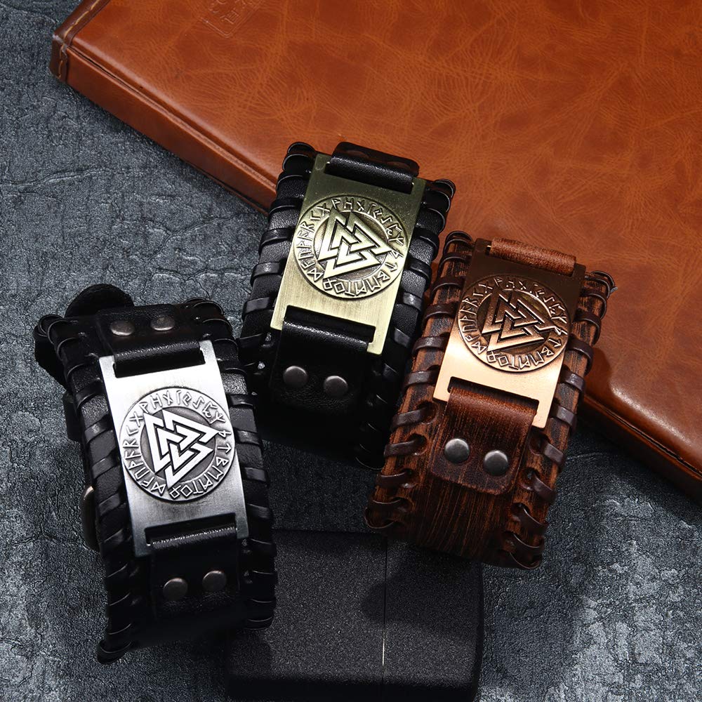 GelConnie Viking Bracelet Medieval Futhark Rune Punk Leather Cuff Bracelet Gothic Leather Wristband Nordic Bracelets Amulet Scandinavian Talisman Celtic Pagan Jewelry