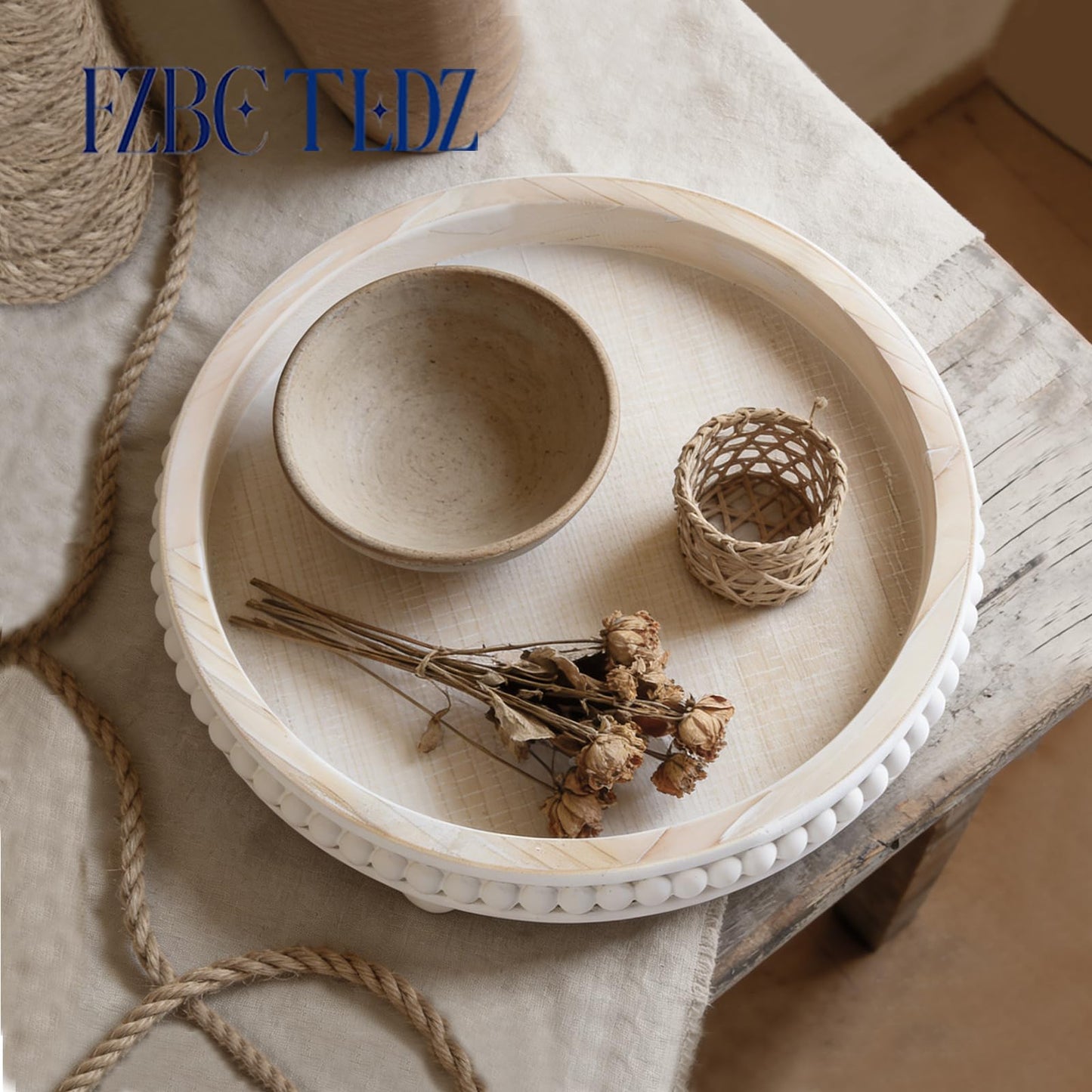 Decorative Coffee Table Tray, 12 Inch White Washed Wooden Beaded Tray with Removable Legs, Rustic Farmhouse Centerpiece Tray for Living Room, Kitchen Counter Decor