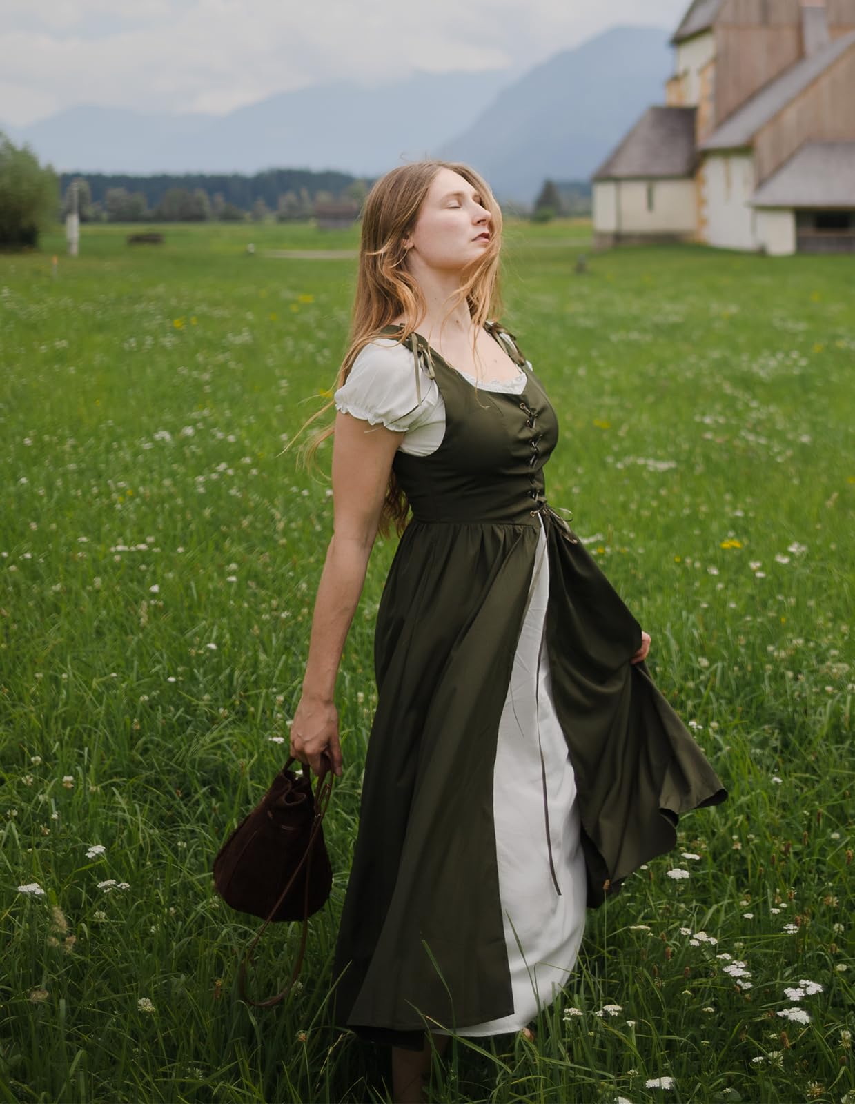Scarlet Darkness Renaissance Costume Women Peasant Medieval Dress Short Sleeve Maxi Fairy Dresses with Pockets Olive Green L