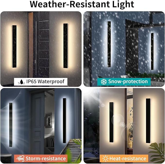 Mikeru 3CCT Dimmable Outdoor Wall Sconce 39.3" IP65 Waterproof - 2Pack Modern Black Exterior Light with Remote Control, Adjustable 3000K/4500K/6000K for Porch, Patio & Commercial Spaces | Hardwired