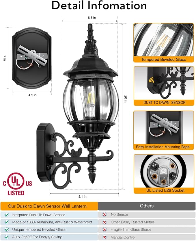 VIANIS Black Outdoor Light Fixture, 2 Pack Exterior Sconces Wall Lighting, Modern Outside Porch Lights for House Wall Mount, Dusk to Dawn Outdoor Lantern Light Fixture for Patio, Outside Garage Lights