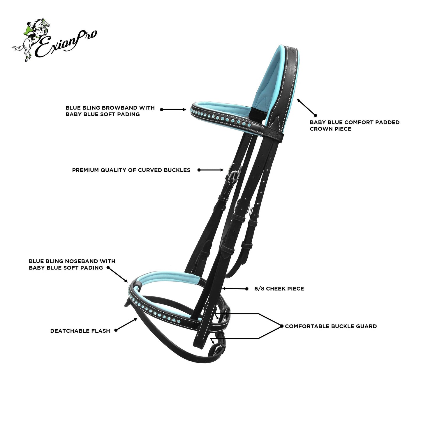 ExionPro Anatomical English Horse Bridle with Blue Crystal Bling Browband- Baby Blue Padded Jumping Bridle with Flash Noseband & Rubber Reins- Comfort Crown - Black or Havana Brown - Full