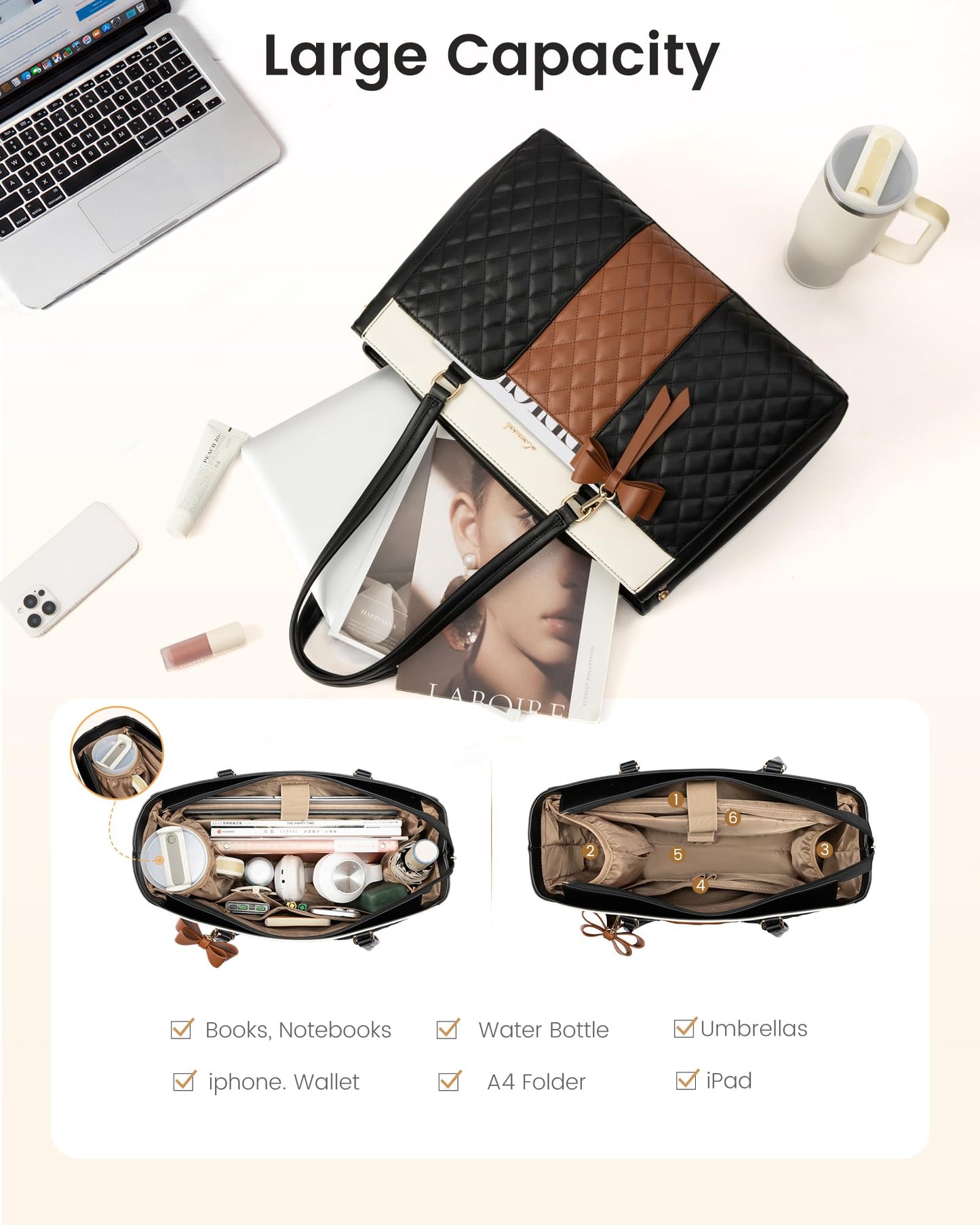 LOVEVOOK Laptop Tote Bag for Women,15.6 Inch Work Bags PU Leather Teacher Tote Bag,Waterproof Quilted Computer Bag for Office Professional Briefcase Gifts