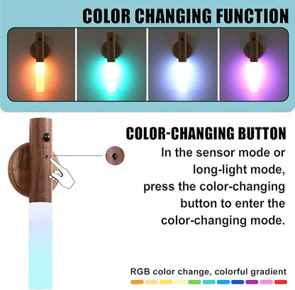 LANDGOO Modern Wood Wall Sconce with Motion Sensor & RGB LED Lights, Wireless Battery Operated Indoor Lighting for Living Room/Kitchen Décor