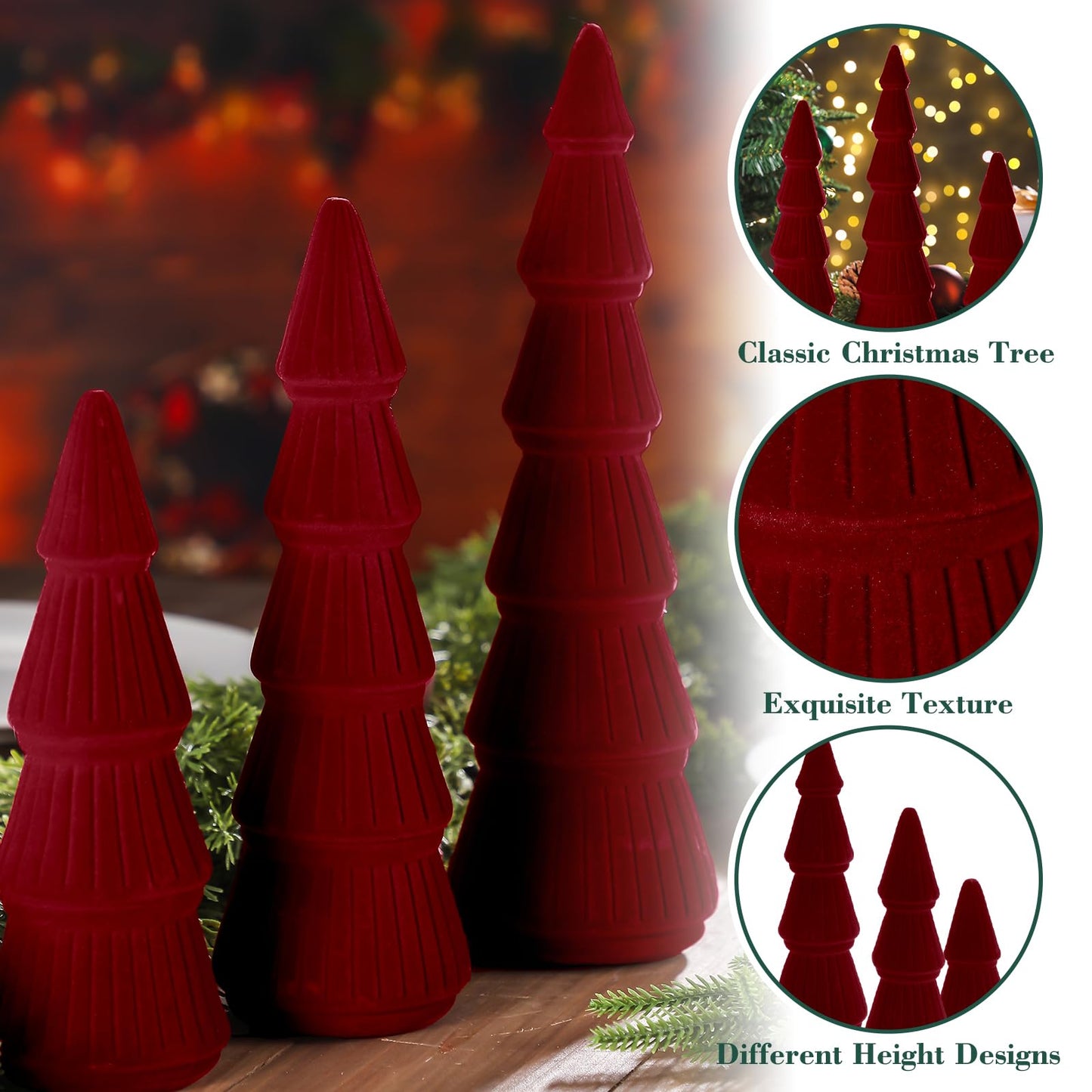 Bucherry 3 PCS Velvet Christmas Tree Figurines Decoration - 8" 10" 14" Modern Cone Christmas Tabletop Home Rustic Centerpiece Set for Winter Holiday Mantel Entryway Party Decor(Burgundy)