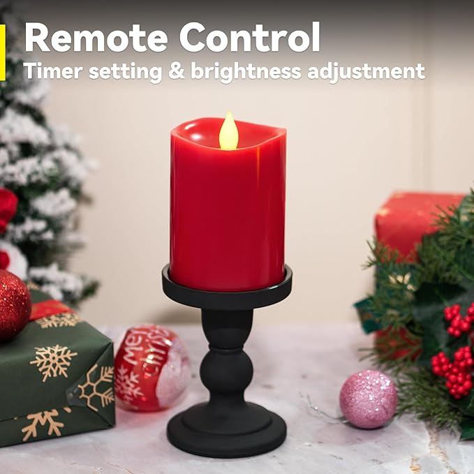 3x4 inch Red Flameless Candles: Realistic Flameless LED, Battery-Powered Pillar Candles with Remote & Timer, Fake Candles for Fall Decor, (Red, 3"*4"-1pcs)