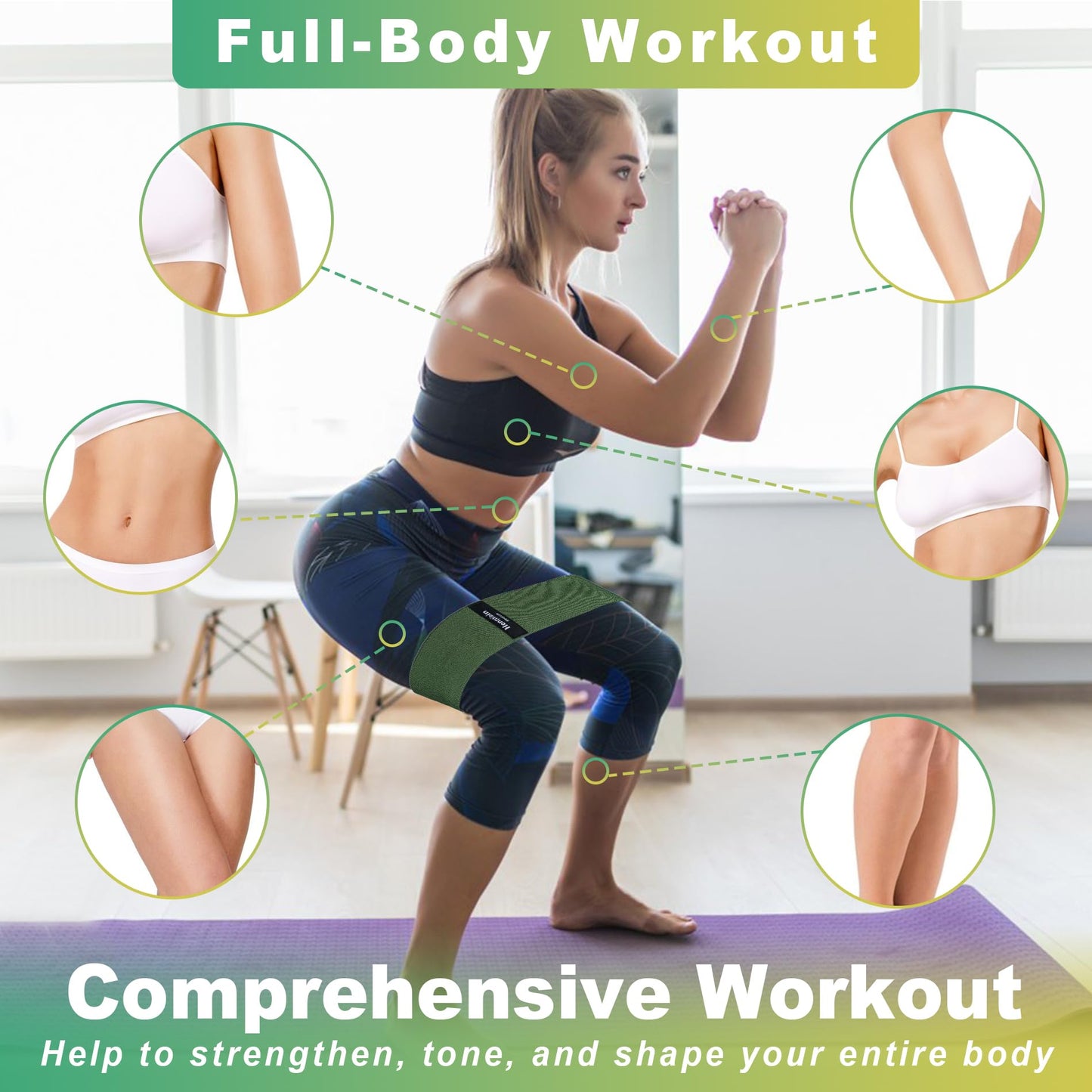Honmein Resistance Bands for Working Out, 3 Levels Exercise Bands Workout Bands Set for Women Men, Hip Legs Booty Bands for Home Fitness, Gym, Yoga, Pilates(Green)