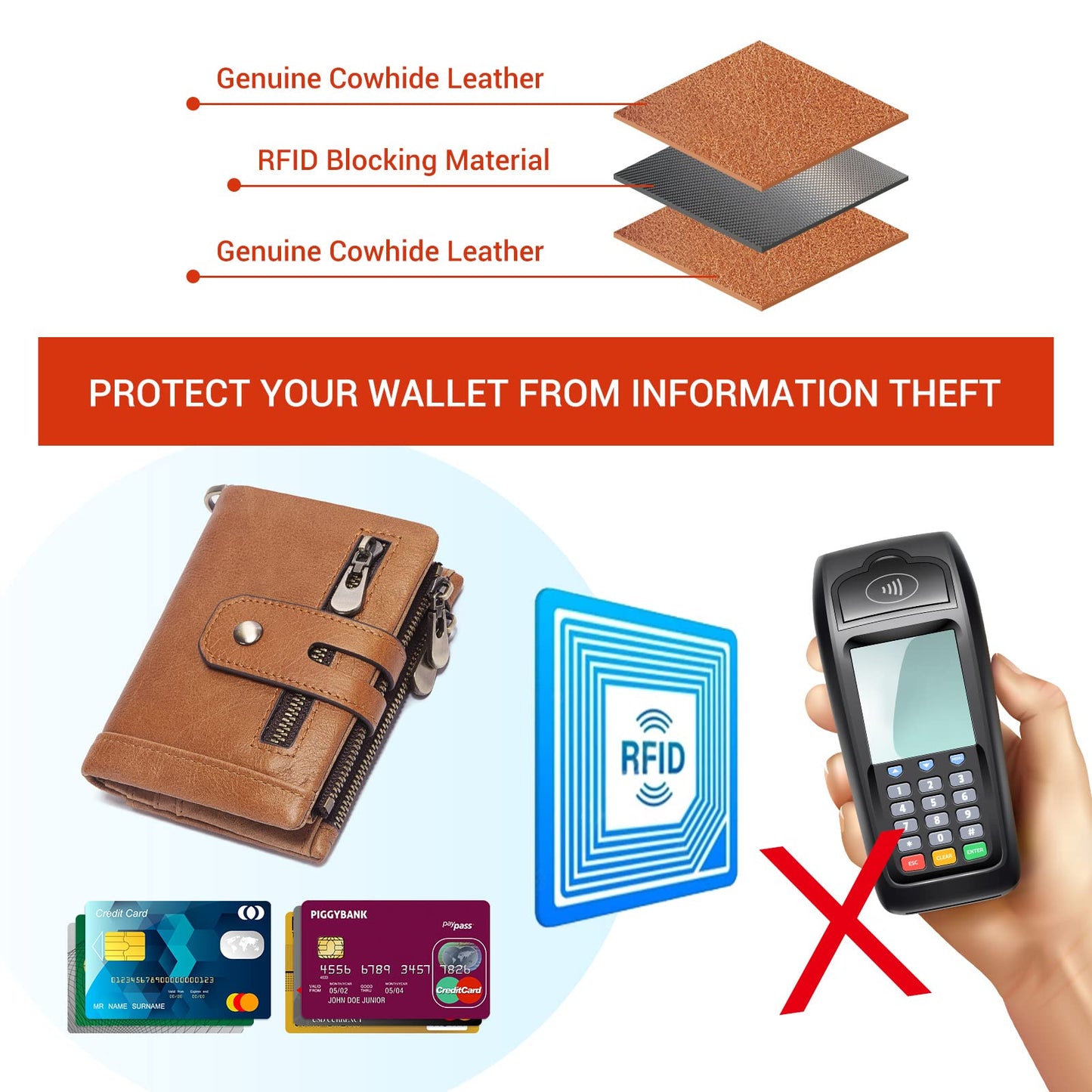 gzcz Mens Wallet with Chain RFID Blocking Genuine Leather Bifold Purse for Men ID Window and Zip Coin Pocket (Brown)