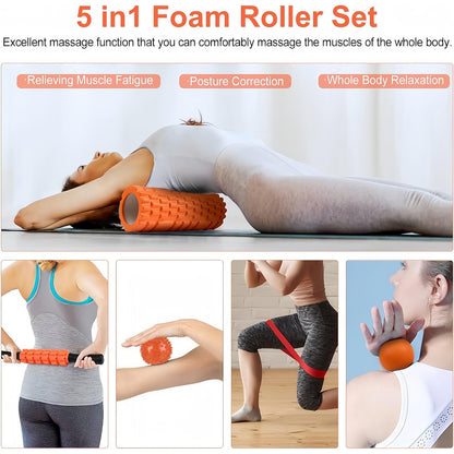 Aucuu 6 in 1 Foam Roller Set Includes Hollow Core Massage Roller, Yoga Stick, Massage Ball, Fitness Stretching Strap, Carrying Bag, Towel, Massage Roller (Orange)