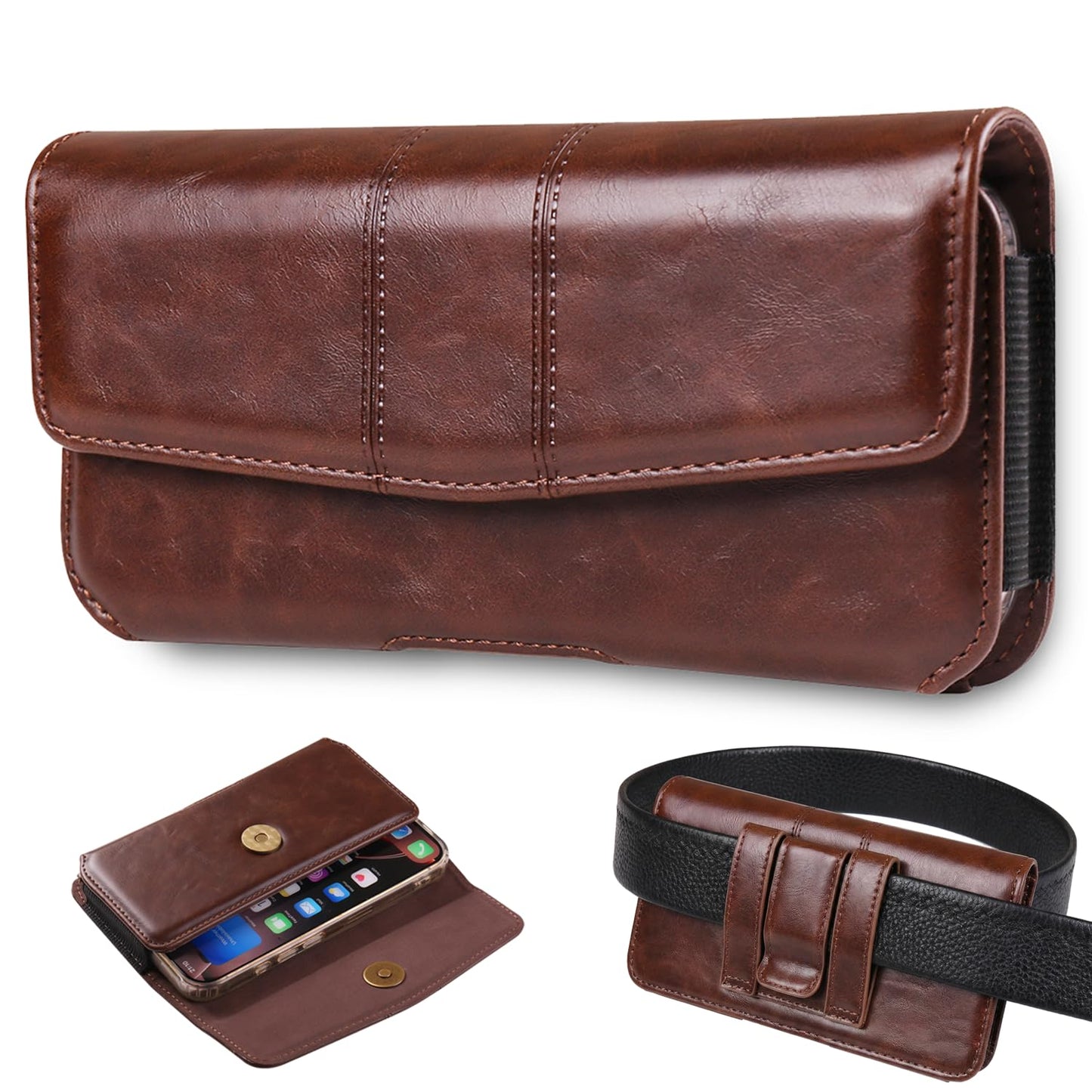 INGIDO Phone Holster Compatible with iPhone 16 15 14 13 12 and Pro, Galaxy S25 S24 S23 S22 S21 S20, Leather Phone Pouch with Metal Belt Clip, M-Coffee