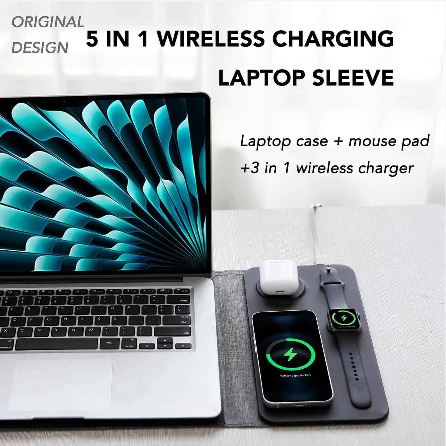 Gyanm 5-in-1 Laptop Sleeve with Wireless Charging for iPad MacBook Pro 12" 13" 14", Charge Mat for Phone Earbuds iWatch, Executive Office Organizer with Pocket, Waterproof Vegan Leather Case (Black)