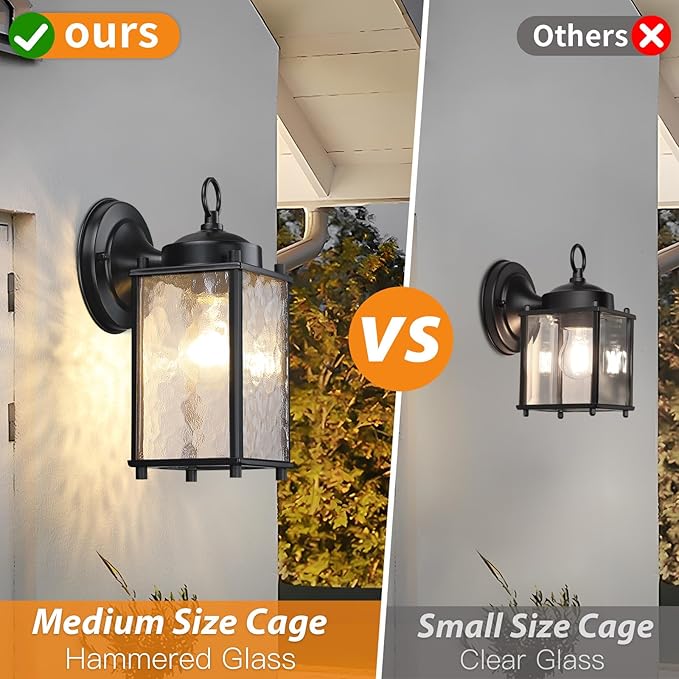 Outdoor Wall Light Fixture, Exterior Lighting Fixture Wall Mount, Black Outdoor Porch Light with Hammered Glass, Outside Lights for House, Waterproof Anti-Rust for Garage, Front Door