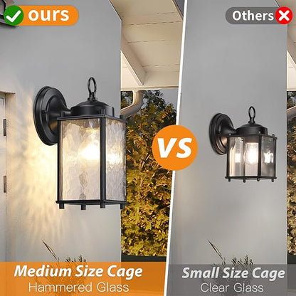 Outdoor Wall Light Fixture, Exterior Lighting Fixture Wall Mount, Black Outdoor Porch Light with Hammered Glass, Outside Lights for House, Waterproof Anti-Rust for Garage, Front Door