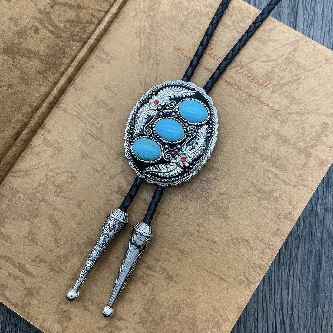 QUKE Vintage Native American Western Cowboy Three Blue Turquoise Stone Bolo Tie Hand-woven Leather Bola Tie Necktie for Men