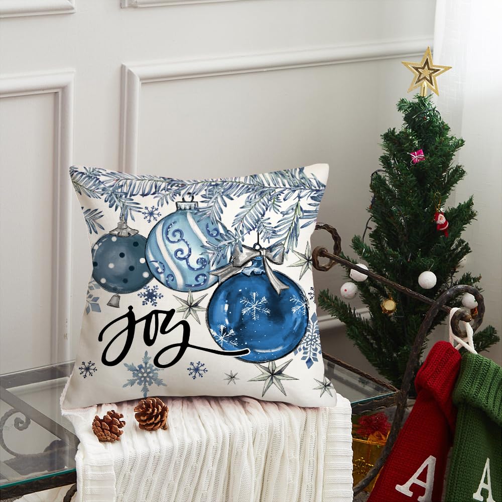 AACORS Christmas Pillow Cover 20X20 Inch Baubles Christmas Tree Stars Joy Decoration Holiday Farmhouse Winter Pillow Case for Sofa Couch Decor（Blue） AA614-20