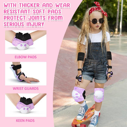 AuSletie Knee Pads for Kids Girls Protective Gear Set Adjustable Knee Pads and Elbow Pads Set with Wrist Guard for Girls Kids Toddler Roller Skates Bike Cycling Skateboard Scooter (Purple Unicorn)