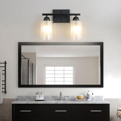 Matte Black Bathroom Vanity Light Over Mirror, 2 Light Bathroom Light Fixtures with Milk Glass and Clear Glass Shades, Modern Vanity Lighting Wall Mount