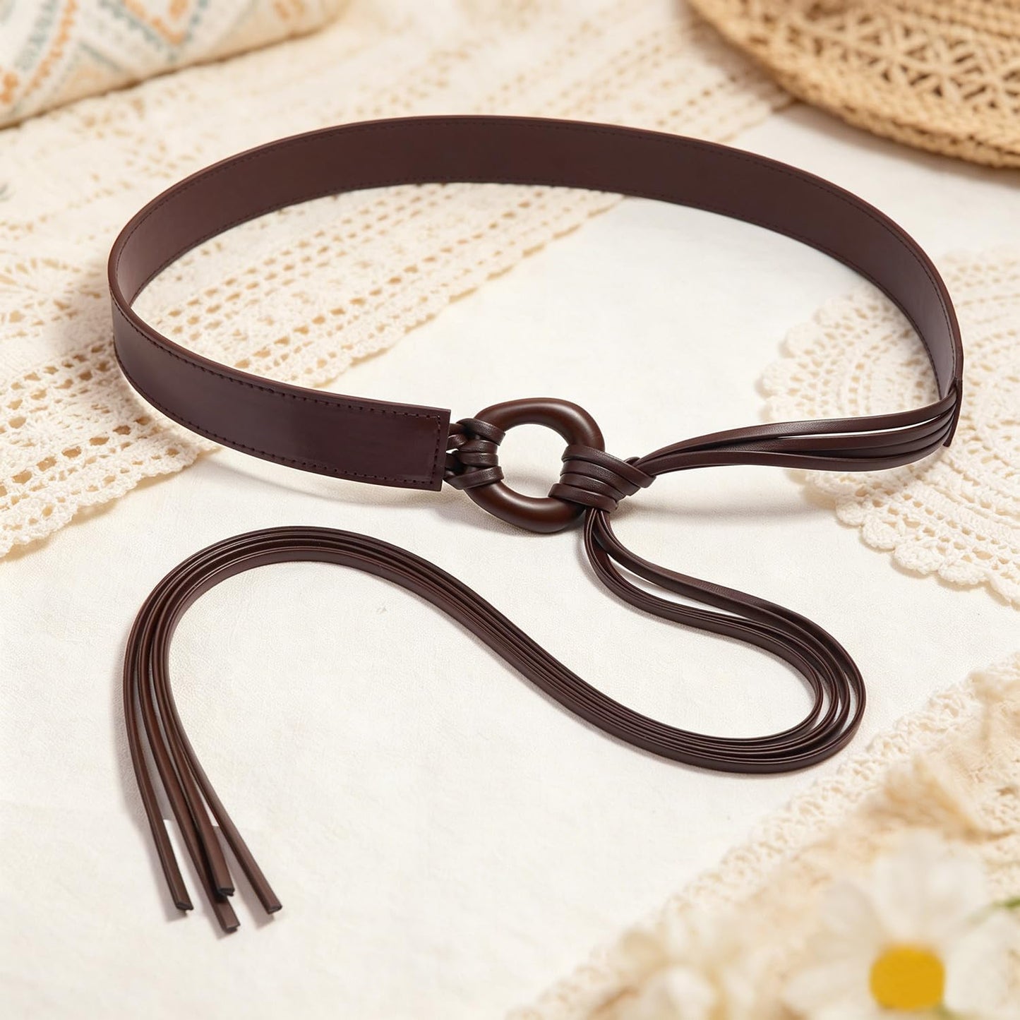 Buywis Knotted Waist Belt for Women PU Leather Thin Strap Belt for Dresses Irregular Coffee Fit Waist 29"-41"