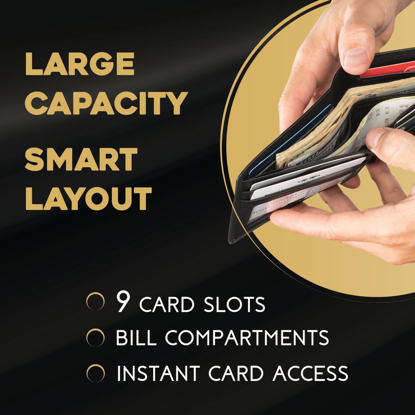 Claasico Mens Leather Bifold Wallet RFID Blocking, Organized Card slots w/ 9 Card Slots & ID Window, Everyday Wallet for Men (3.5 x 4.5), Premium Top Grain Leather, Gift Box Included