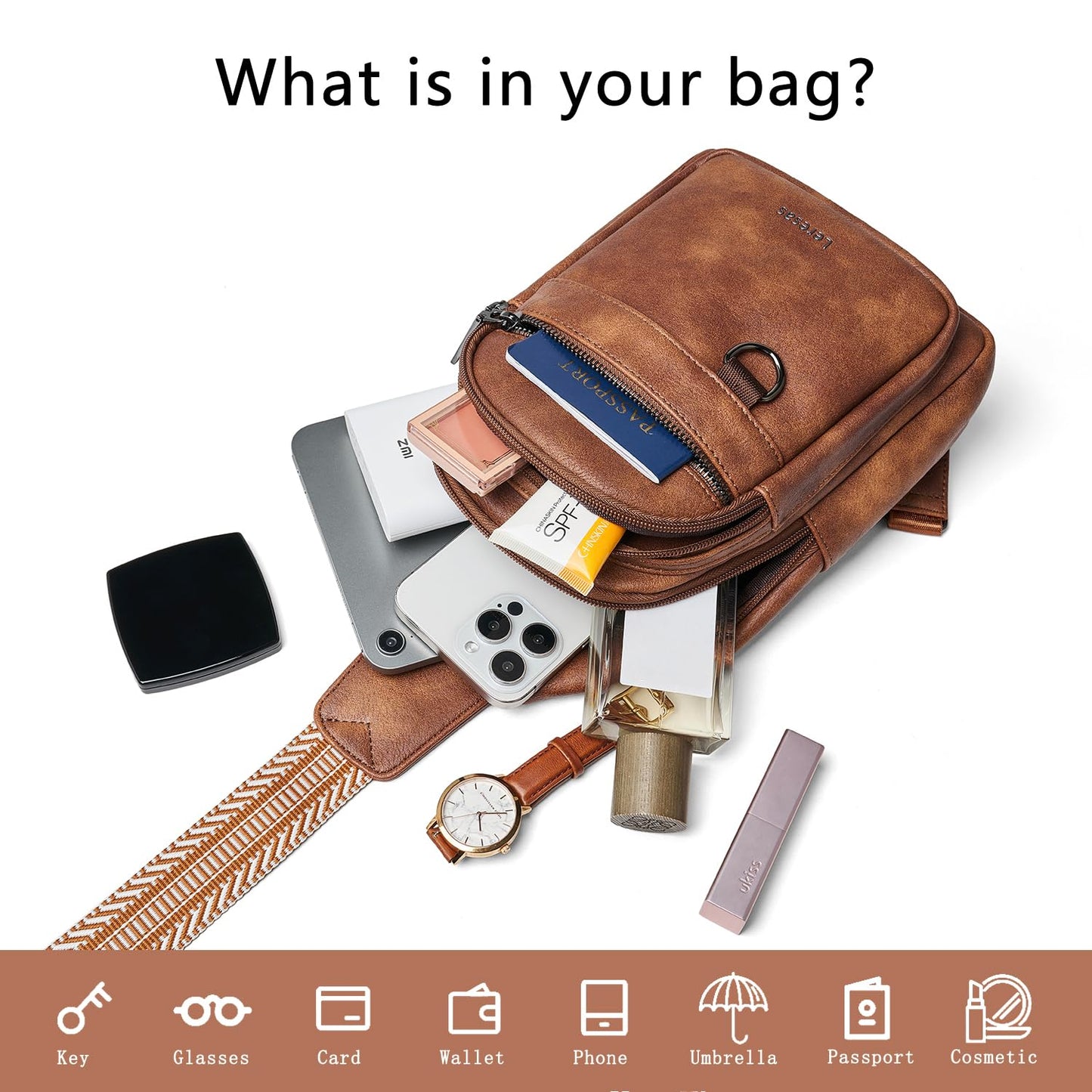Leresas Sling Bag for Women Crossbody Bag Fanny Packs Cross Body Handbag Over the Shoulder Bag Trendy Gifts Vegan Leather Travel Purses Anti Theft Brown