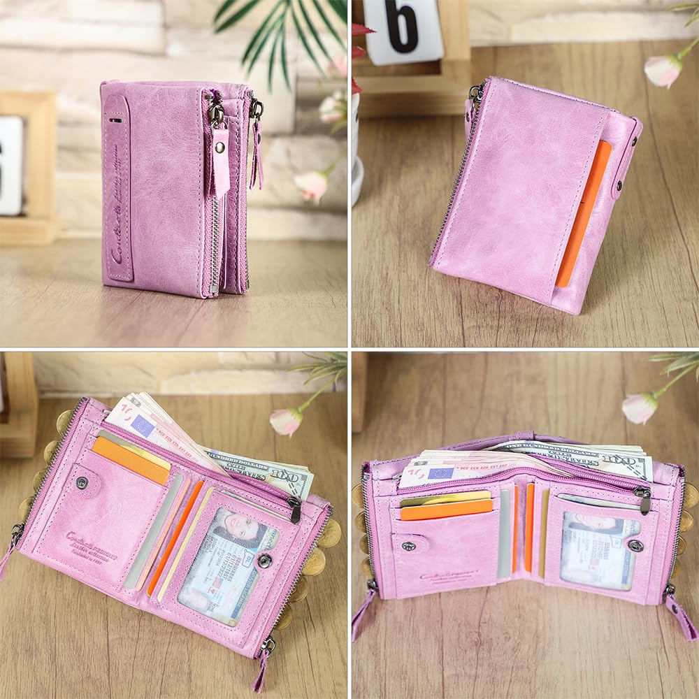 CONTACTS Soft Leather Wallet for Women Small Bifold Coin Purse Double Zipper Card Holder with RFID Blocking (Pinkish Purple)
