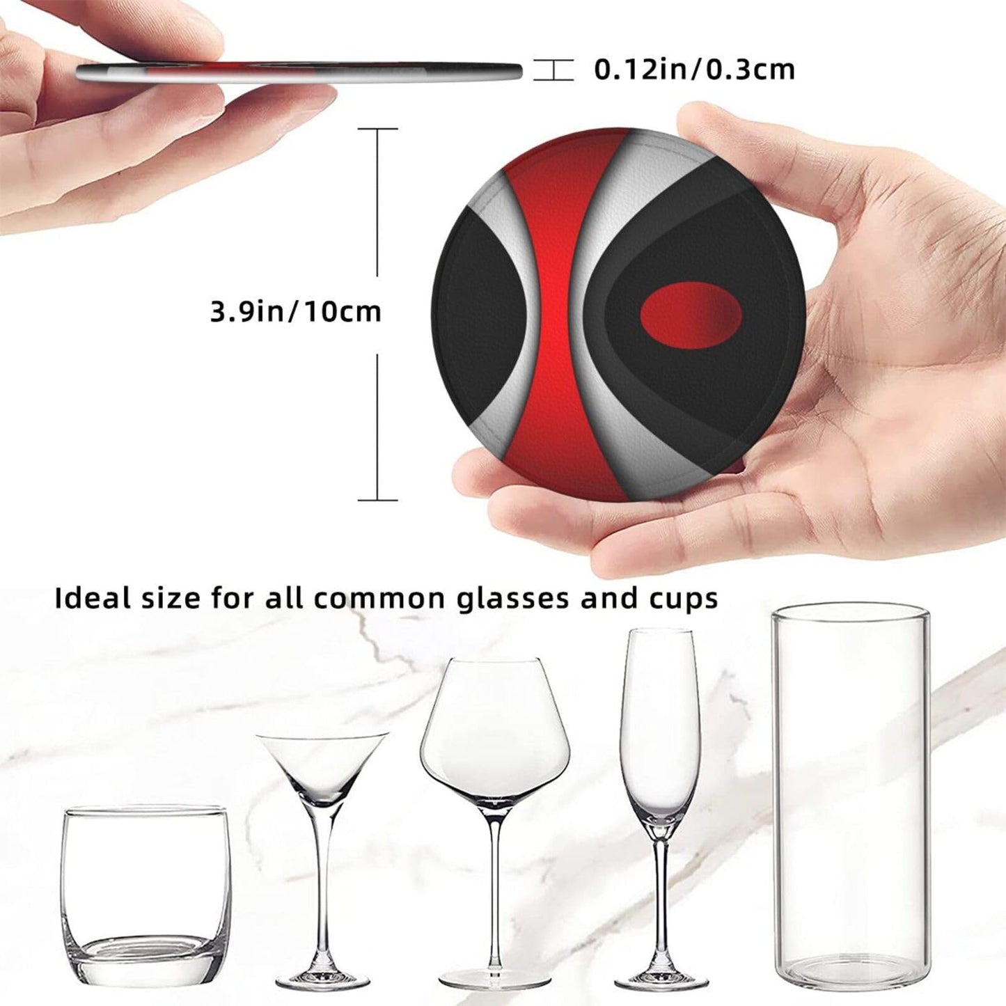 Keeawou Black in Modern Abstract Red Leather Drinks Coasters with Holder, Set of 6, Suitable for Various Cups