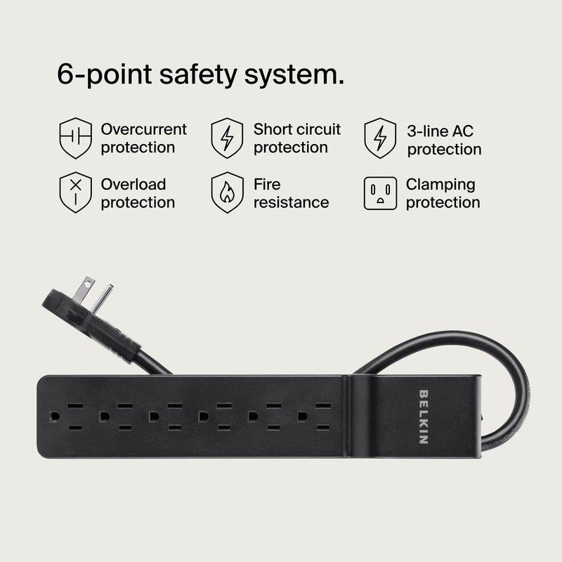 Belkin Surge Protector Power Strip with 6 AC Outlets, 6ft/1.8M Long Heavy-Duty Extension Cord, & 360-Degree Rotating AC Plug for Conference Rooms, Computer Desktops, & More - 600 Joules of Protection