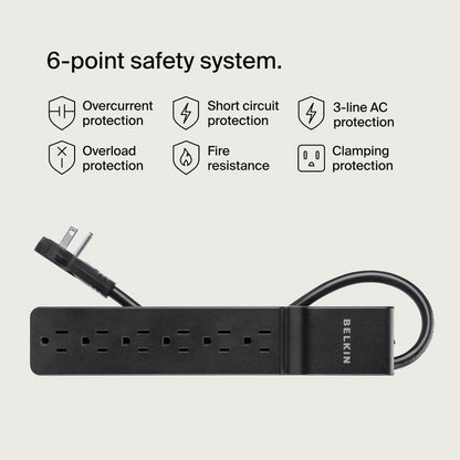 Belkin Surge Protector Power Strip with 6 AC Outlets, 6ft/1.8M Long Heavy-Duty Extension Cord, & 360-Degree Rotating AC Plug for Conference Rooms, Computer Desktops, & More - 600 Joules of Protection