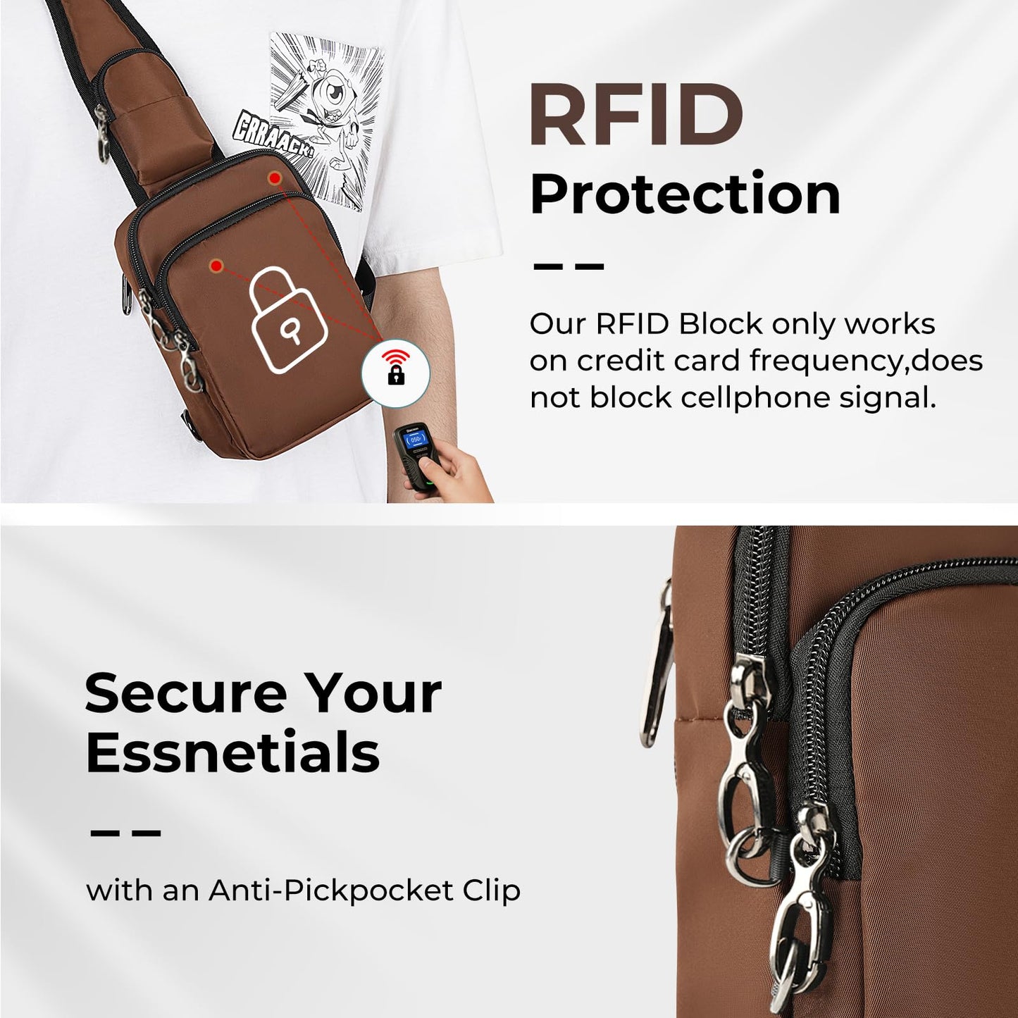 BROADREAM Sling Bag, Crossbody Bag with Anti-Theft Lock Zipper, RFID Blocking & Water Resistant for Travel Work Sport (Brown)