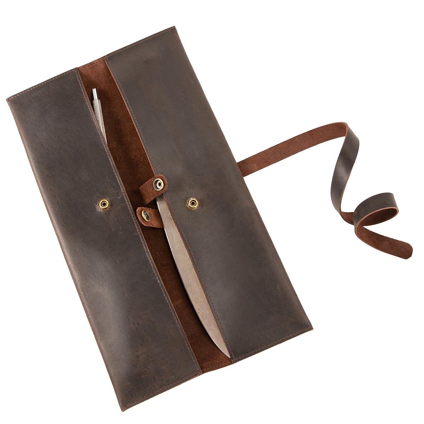 Leather Double Knife Roll for Chefs,Vertical Knife Storage Case,Portable Travel Carry-On Roll Bag,Rectangular Protector Sheath Pouch Organizer for Chef Kitchen Cutlery Knives Accessories,Cooking Tool