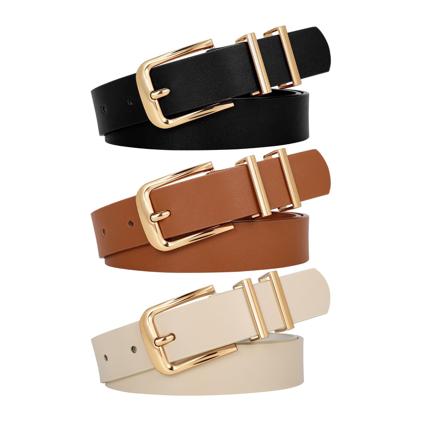 WERFORU 3 PACK Women Belt Women Fashion Leather Belts for Jeans Pants Ladies Belts with Gold Buckle,A-Black+Brown+Beige,Fit Waist Size 32-36 Inches