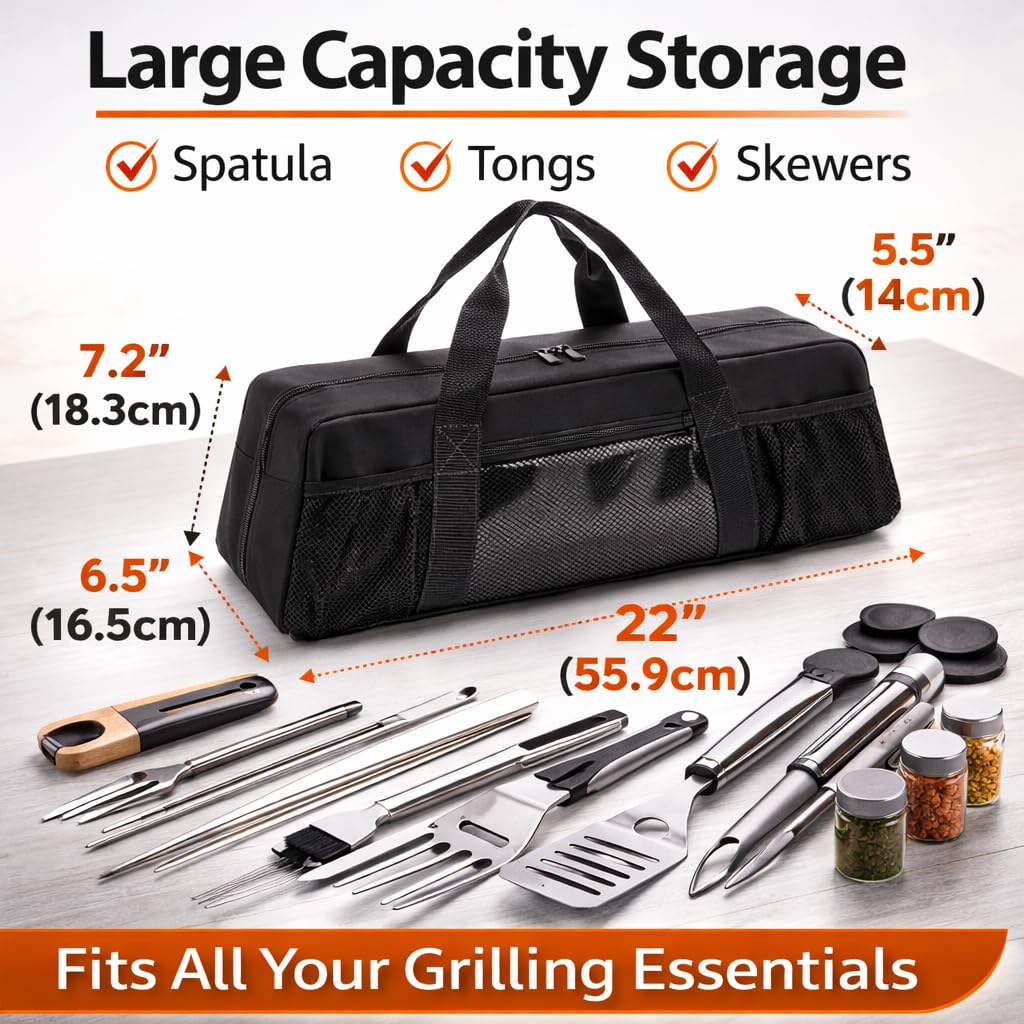 Vexillum Portable Grill Tool Storage Bag – Large BBQ Utensil Organizer for Grilling & Camping, Waterproof & Stain-Resistant Fabric with Pockets, Barbecue Accessories Case Container (22"x6.5"x7.2")